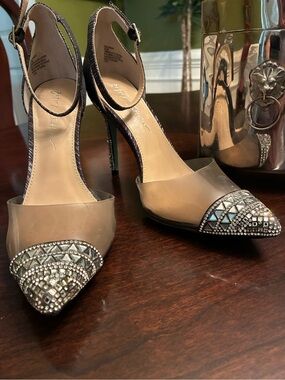 Betsey Johnson Nude/Beige Pointed-Toe Jeweled Slingback Heels